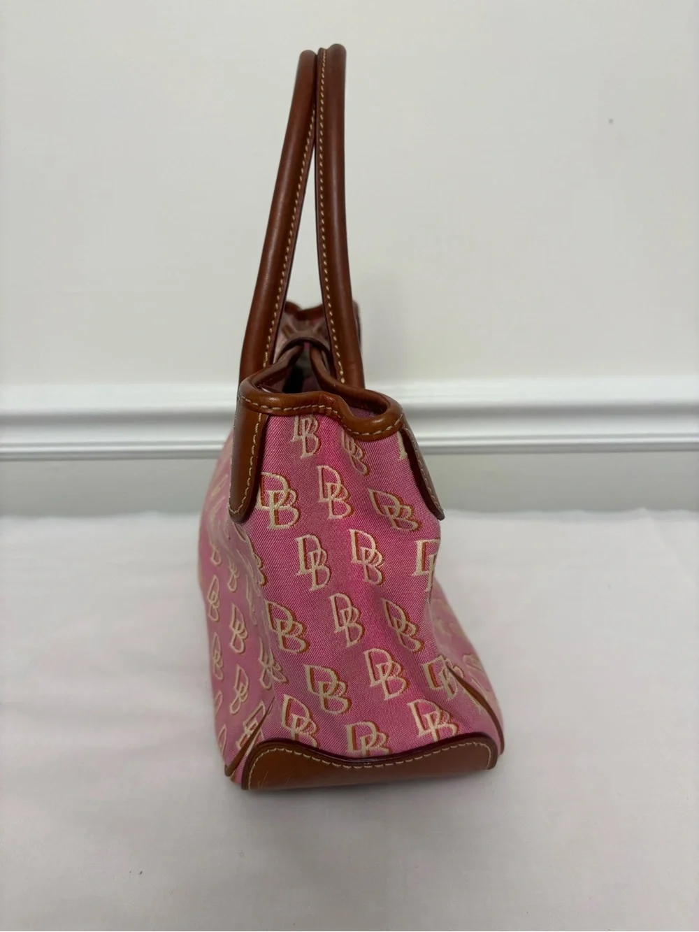 Dooney & Bourke Pink Logo Satchel with Brown Leather Trim